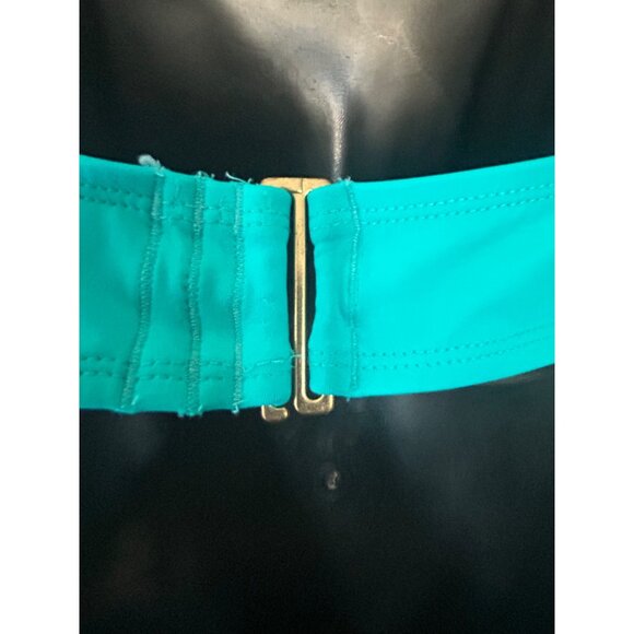 Crisscross Halter Teal One-Piece Swimsuit With Black Stripes & Back Clasp Closur - Picture 7 of 12